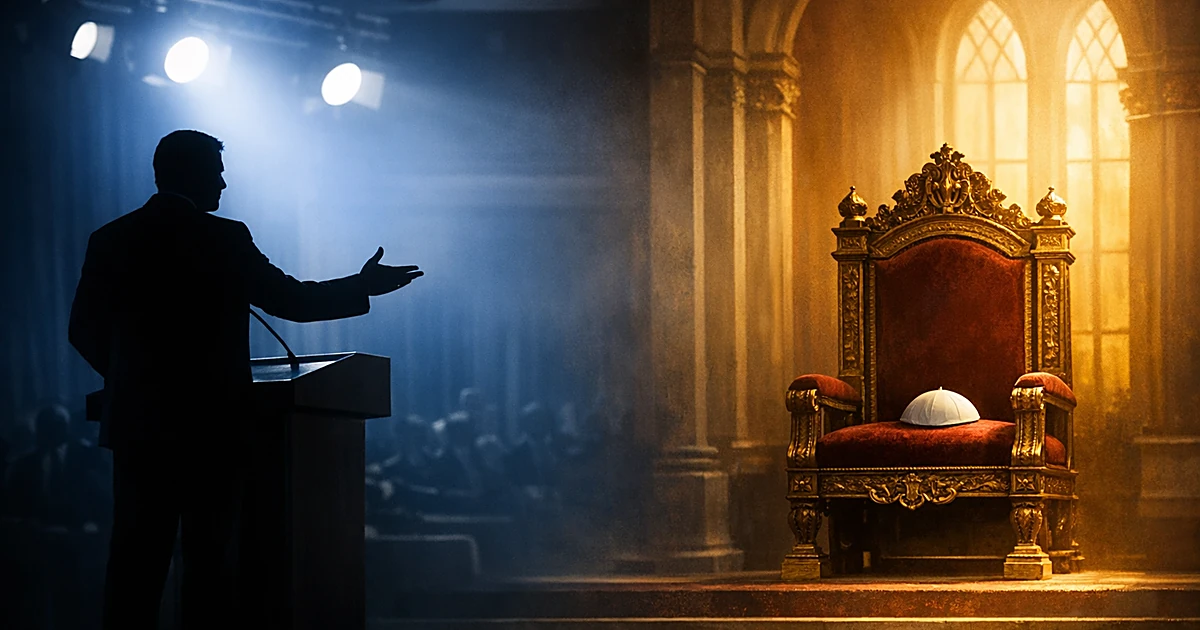 Silhouetted figure at podium facing empty ornate throne with papal cap, split by contrasting blue and golden lighting