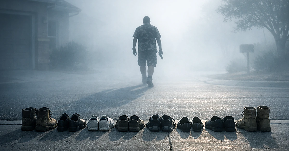 Silhouetted figure in camouflage walks into fog, nine empty pairs of shoes lined up on pavement in foreground