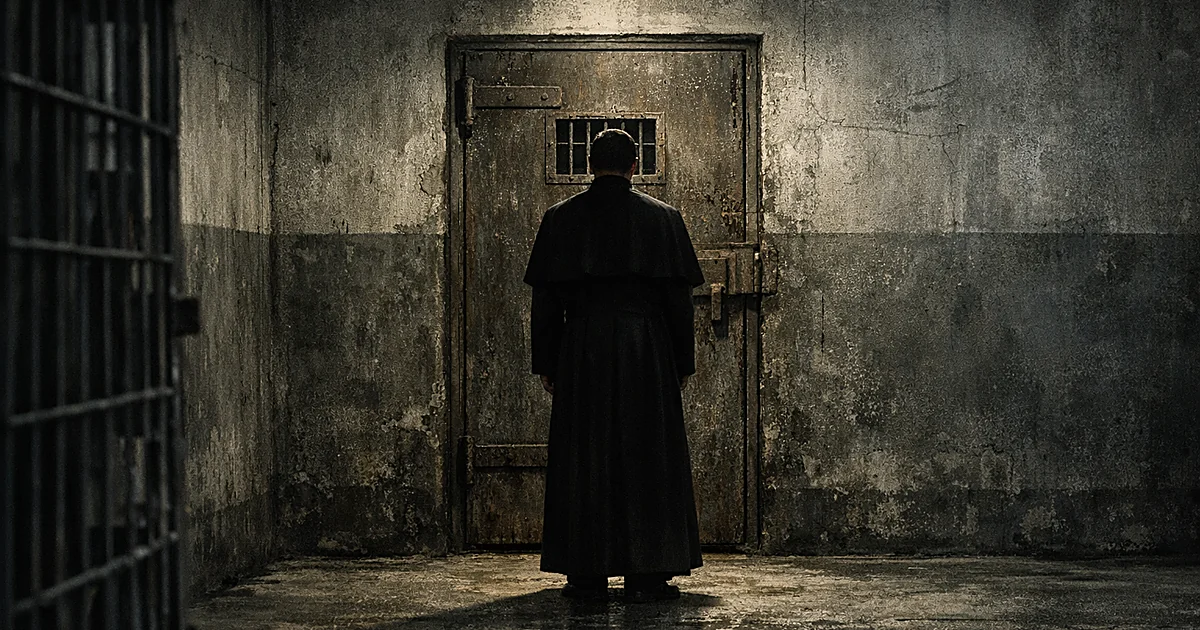 Silhouette of priest in dark robes facing barred prison door in concrete corridor with harsh overhead lighting