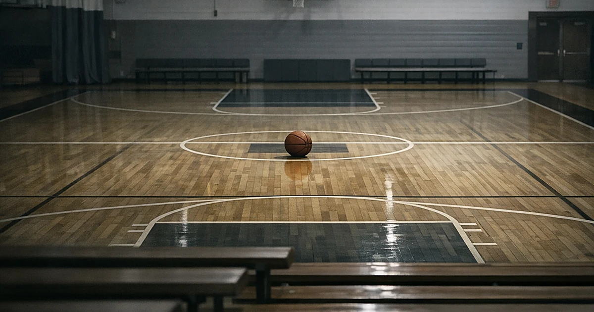 Empty basketball court in small gymnasium with single basketball at center court under fluorescent lighting