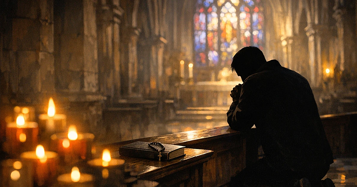 Silhouetted figure kneeling in prayer inside a Catholic church with stained glass windows and candlelight