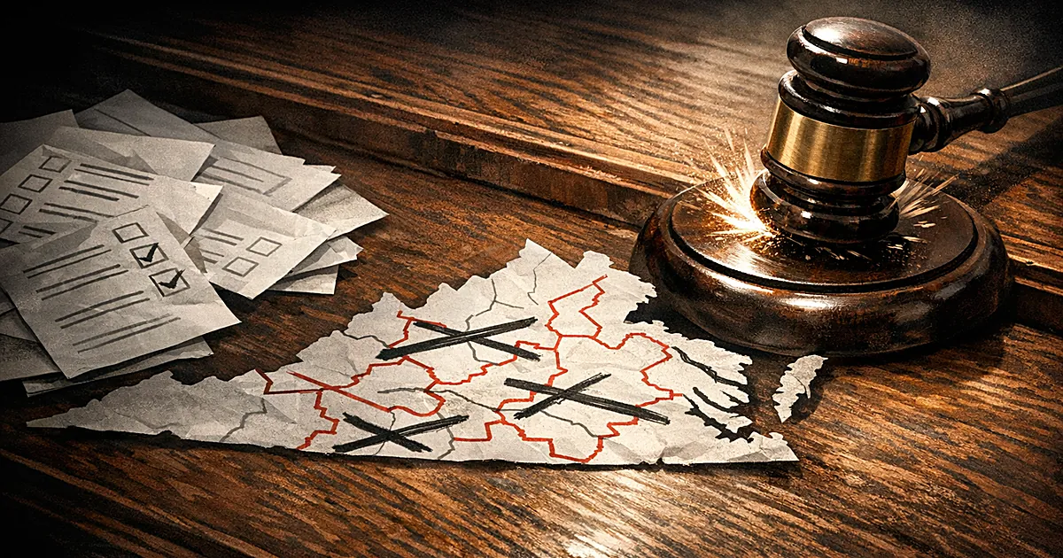Gavel striking beside ballot papers and Virginia district map with boundary lines on judge's bench
