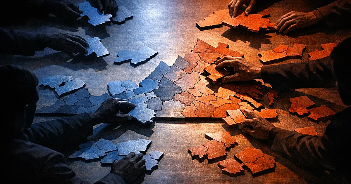 Silhouetted hands rearranging puzzle pieces of a geographic map on a table, suggesting redistricting efforts