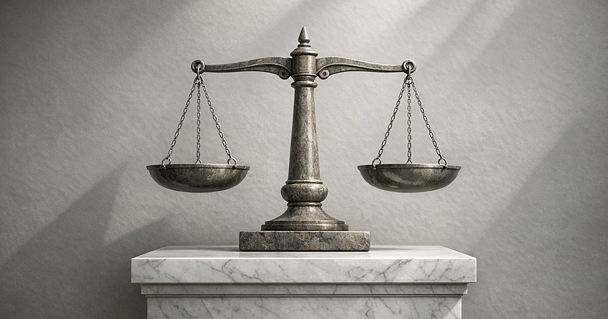 Abstract stone balance scale on marble pedestal with soft lighting and geometric shadows