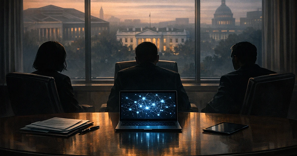 Three silhouetted figures at conference table with laptop showing AI neural networks, government buildings visible outside