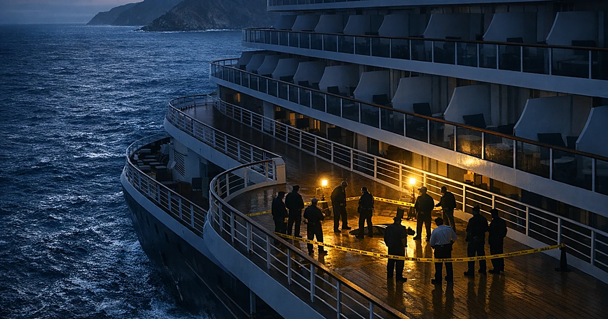 Aerial view of cruise ship deck with emergency crew silhouettes gathered on lower level near balconied upper decks