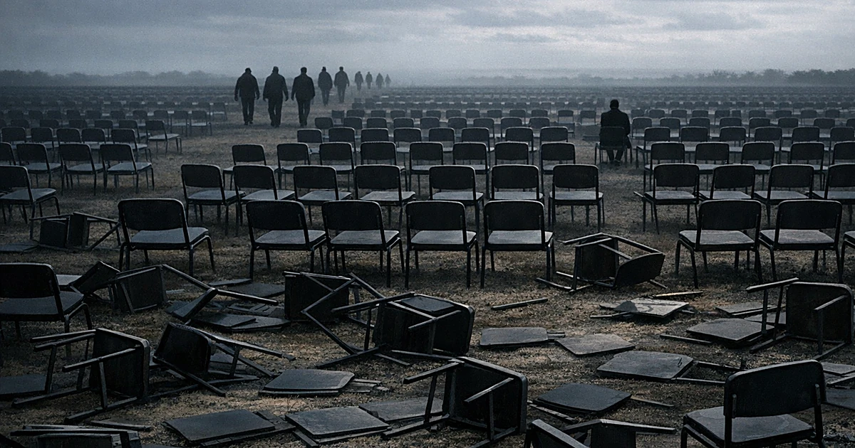 Empty and toppled chairs in rows with silhouettes of people walking away, representing healthcare coverage loss