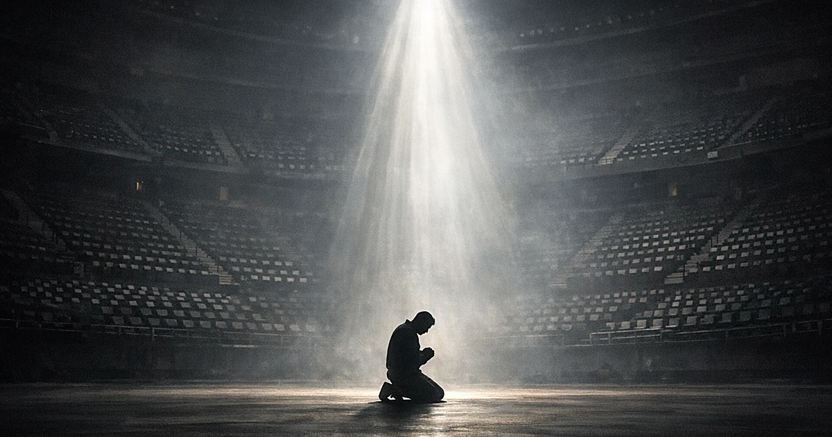 Silhouetted figure kneeling alone in empty arena with dramatic light beam from above