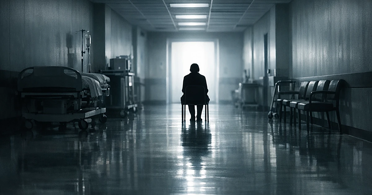 Silhouetted figure alone in stark hospital corridor facing bright doorway, conveying isolation and medical decisions