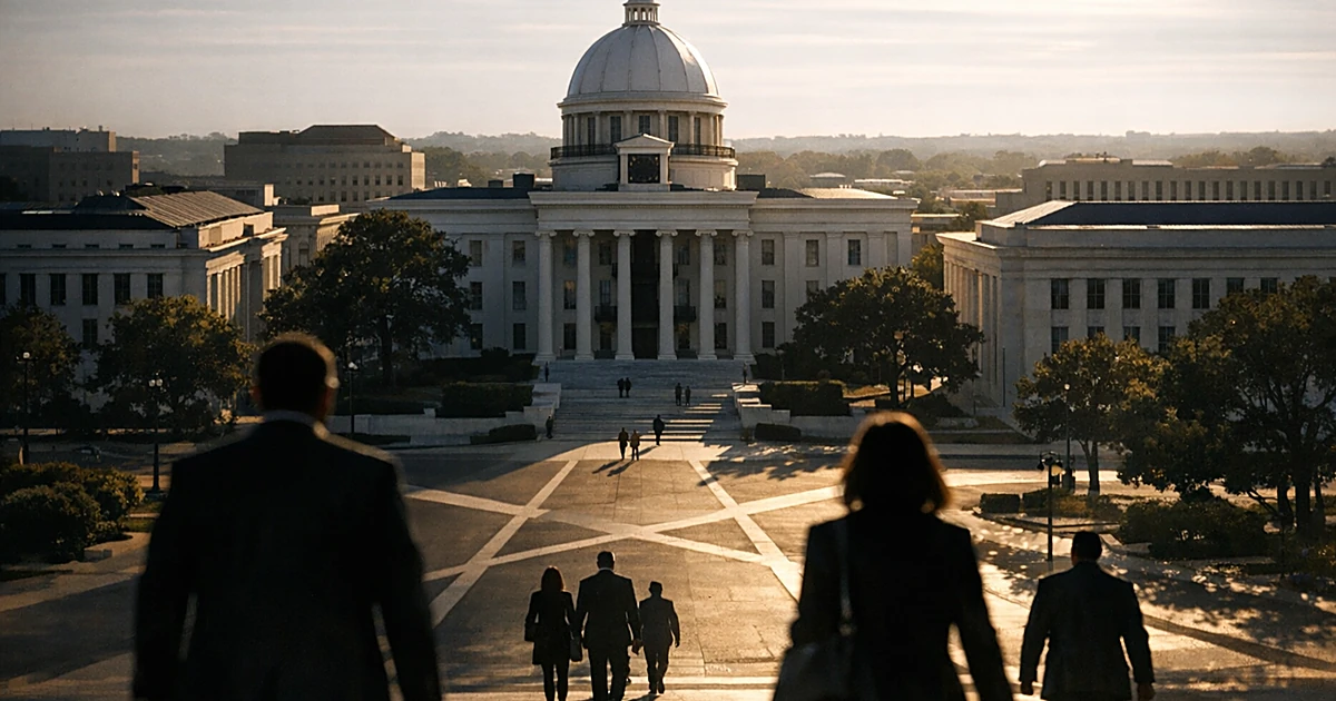 Aerial view of Alabama capitol dome with silhouetted figures walking toward government buildings in Montgomery