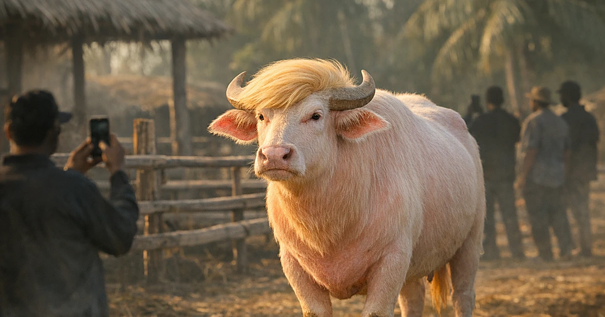 Albino buffalo with blonde swept hair on farm surrounded by silhouetted visitors taking photos