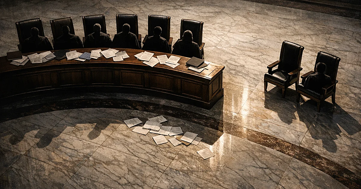 Overhead view of empty courtroom bench with separated chairs and scattered documents casting dramatic shadows