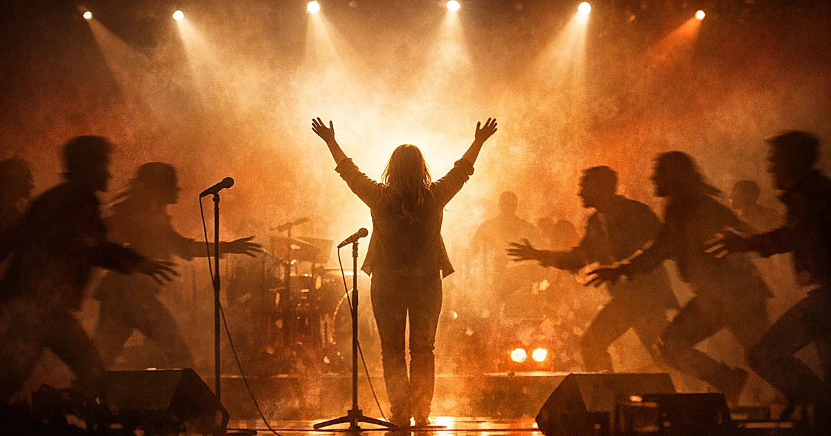 Silhouetted performer with raised arms on stage surrounded by rushing figures under dramatic golden lighting