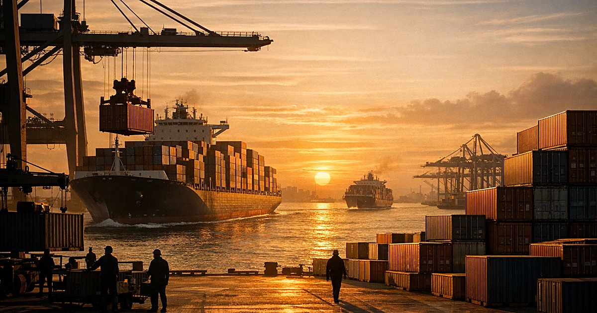 Port scene with cargo ships departing loaded with containers while fewer vessels arrive, dock workers as silhouettes
