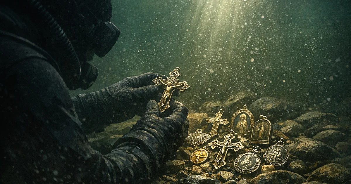 Underwater view of hands examining religious artifacts including crucifixes and medals on a dark riverbed