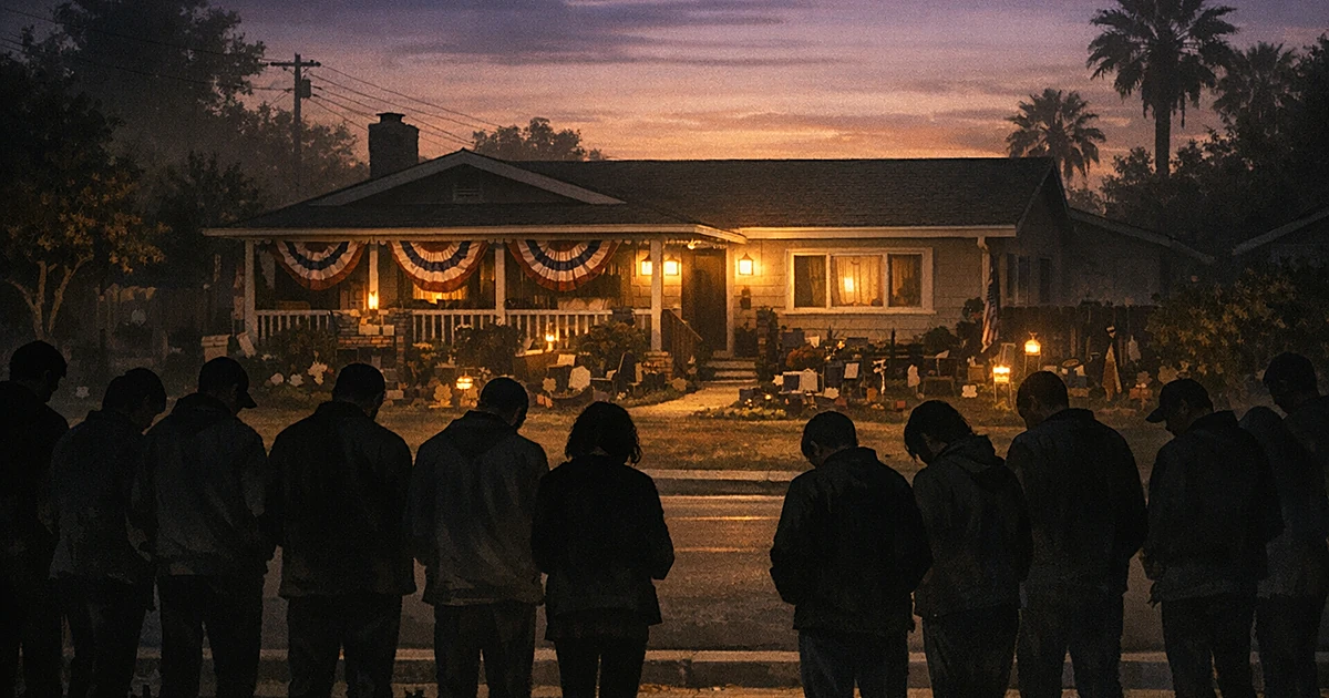 Silhouettes of people gathered outside a suburban home at dusk in memorial vigil