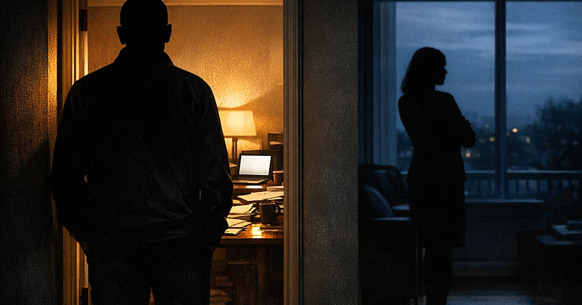 Silhouette of person in doorway between warm home interior and office with laptop, showing tension between spaces