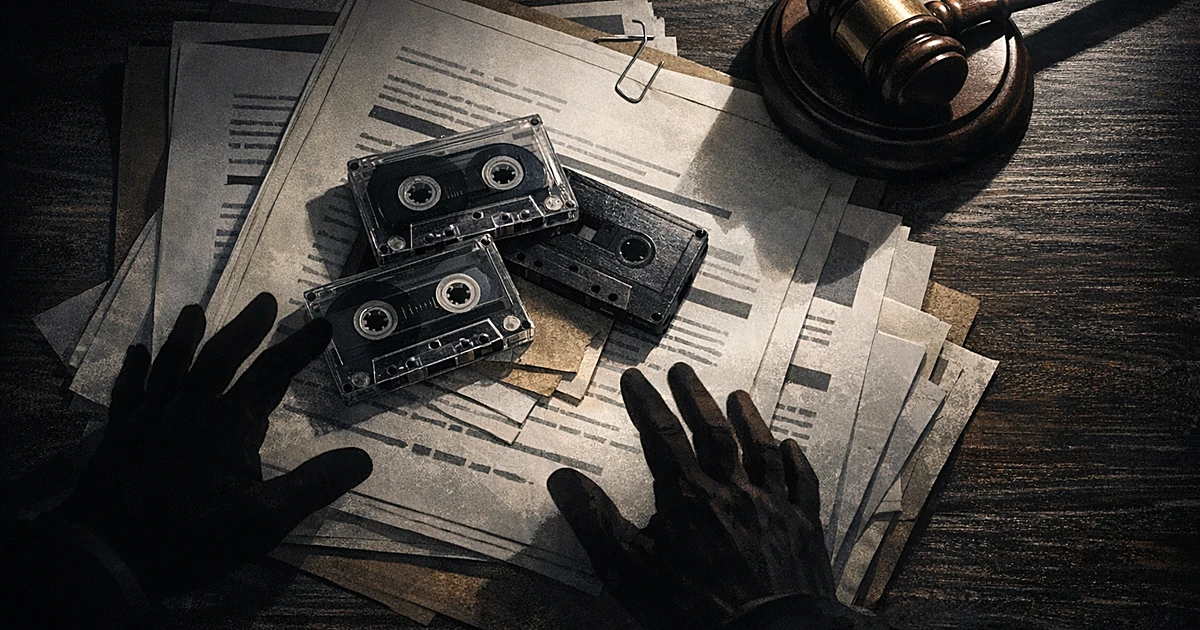 Audio cassette tapes on desk with documents and gavel, silhouetted hands reaching to protect them from above