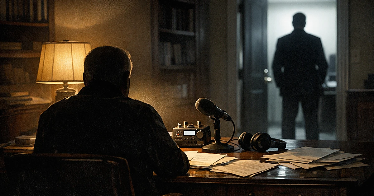 Silhouetted figure at desk with recording equipment as another figure stands in doorway, contrasting warm and harsh lighting