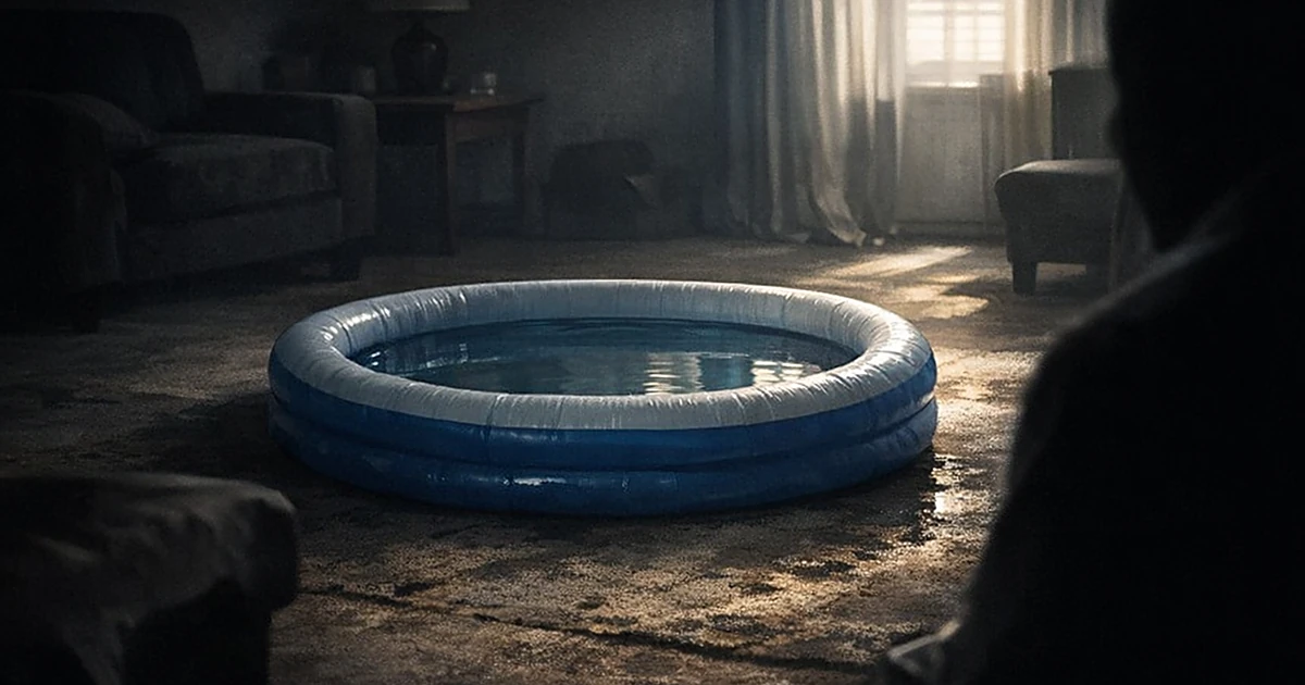 Empty children's paddling pool with water inside a dim residential room with shadows and simple furniture