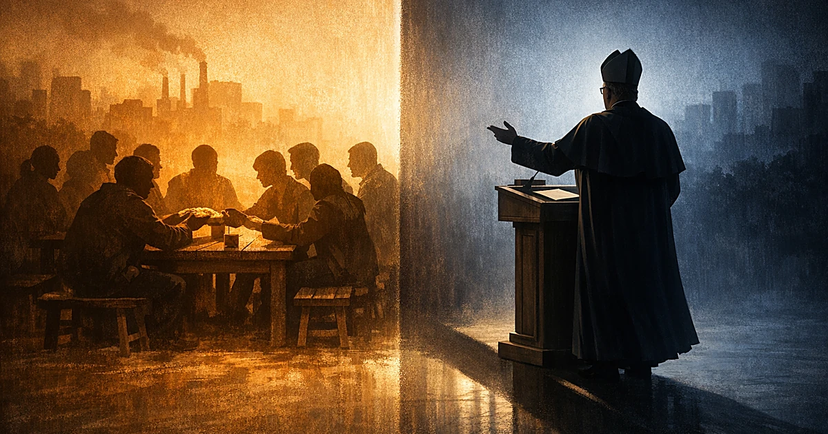 Split scene showing communal gathering on left and religious figure from behind at pulpit on right with dramatic lighting