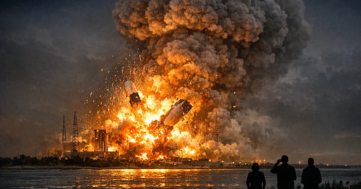 Tall rocket exploding in massive fireball on launch pad at night with mushroom cloud of smoke rising above