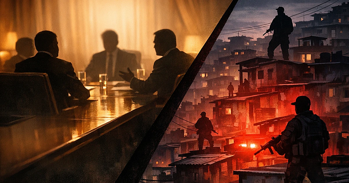 Split scene showing diplomatic meeting silhouettes contrasted with dark urban rooftops under red emergency lighting