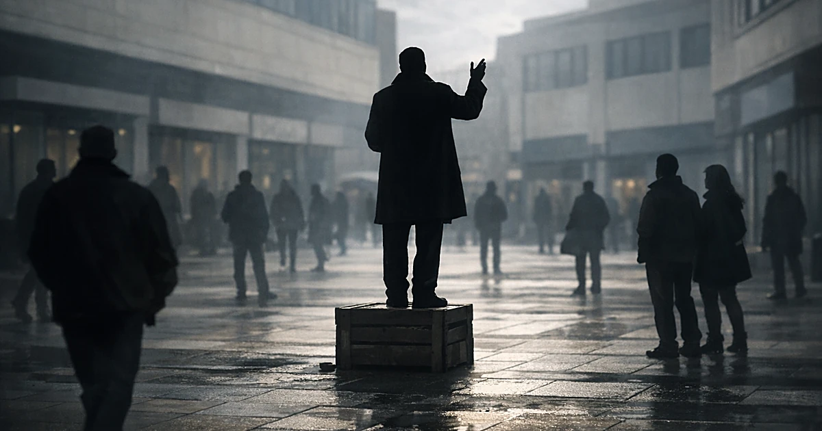 Silhouette of street preacher on platform in shopping district with passing pedestrians shown from behind