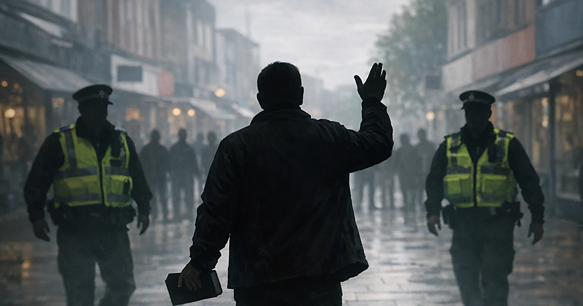 Silhouetted street preacher surrounded by police officers on a British town shopping street