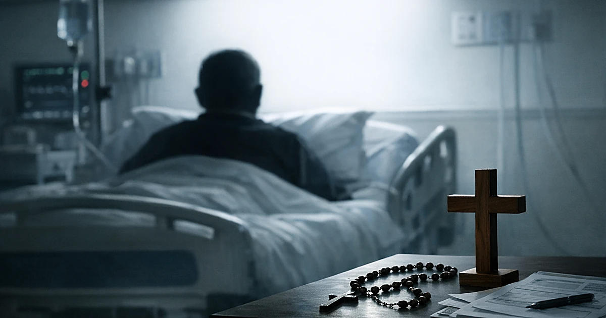 Hospital bed with patient silhouette, medical equipment, and religious items on bedside table in sterile room