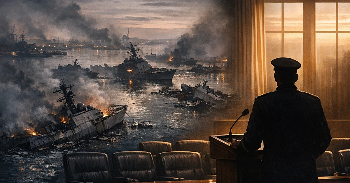 Silhouetted officer at podium overlooking scene of damaged naval vessels in harbor with rising smoke at dusk