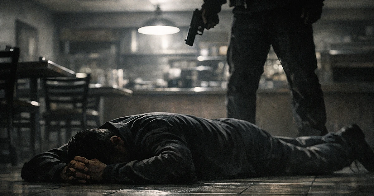 Silhouette of person lying face-down on restaurant floor with another figure standing over them in dimly lit interior