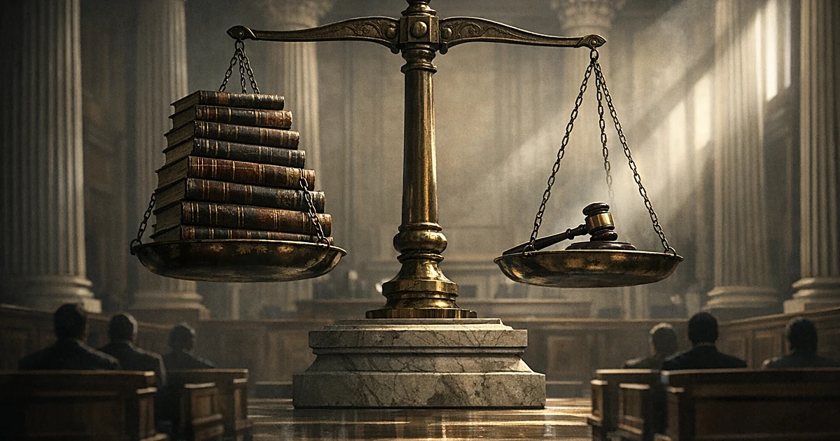 Balance scales in courtroom with law books on one side and gavel on other, lit by dramatic columned light