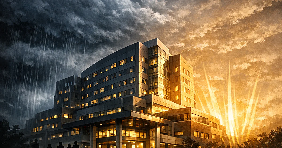Hospital building caught between descending dark pressure from above and rising golden light from below