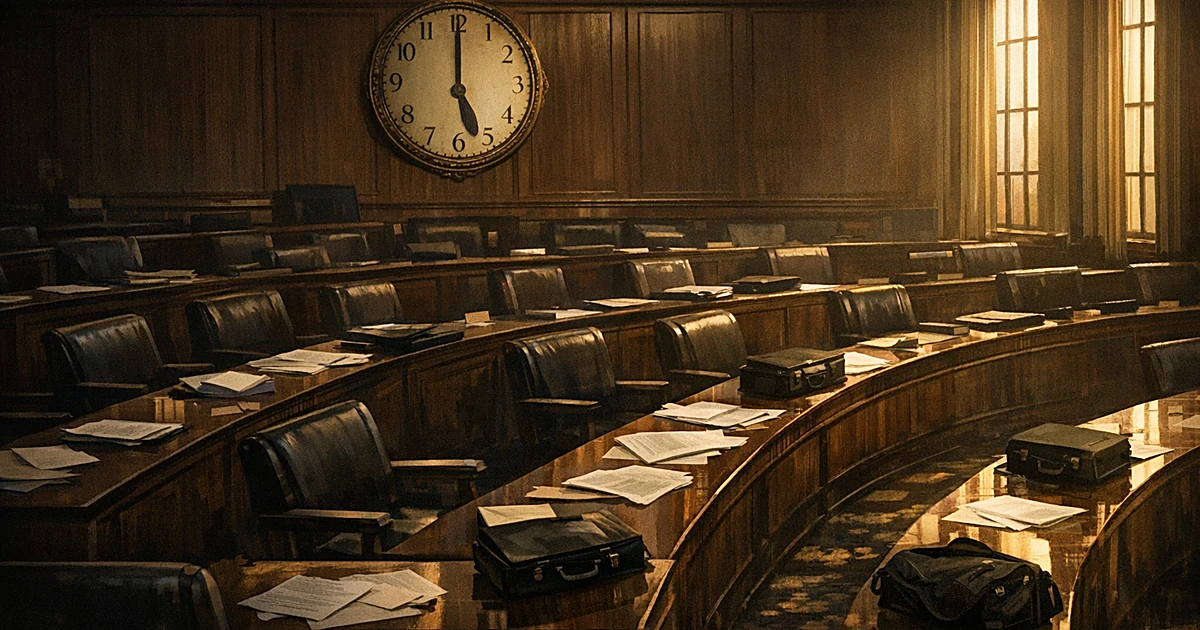 Empty congressional chamber with vacant chairs and desks, papers scattered, clock on wall showing departure time