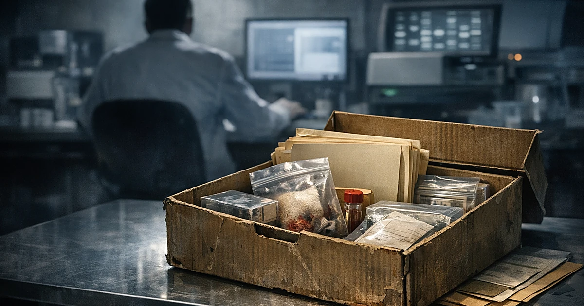 Forensic evidence box on lab table with silhouetted technician working at computer in background