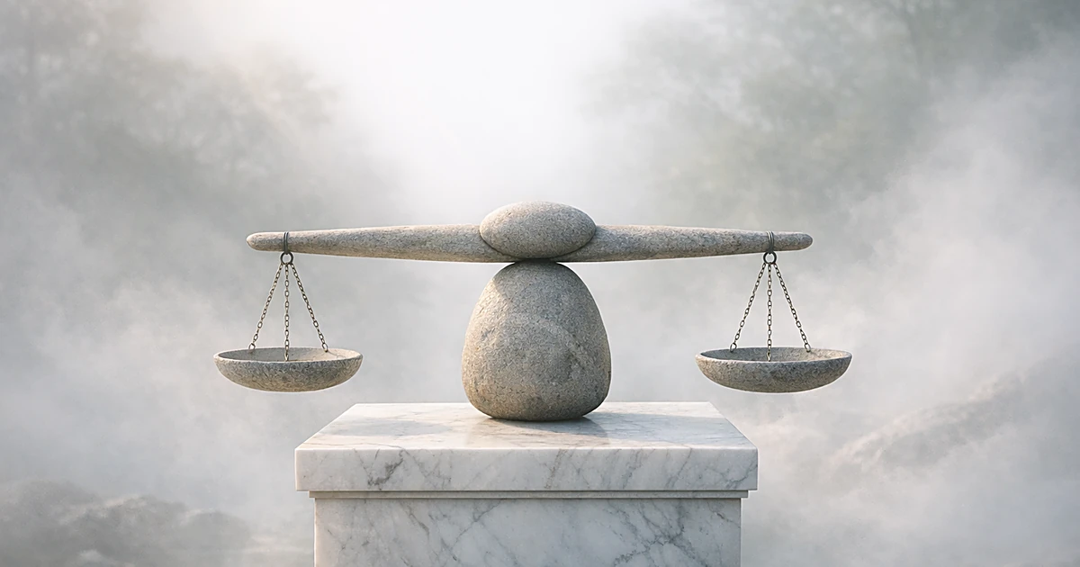 Abstract stone balance scale on marble pedestal surrounded by soft mist and natural light