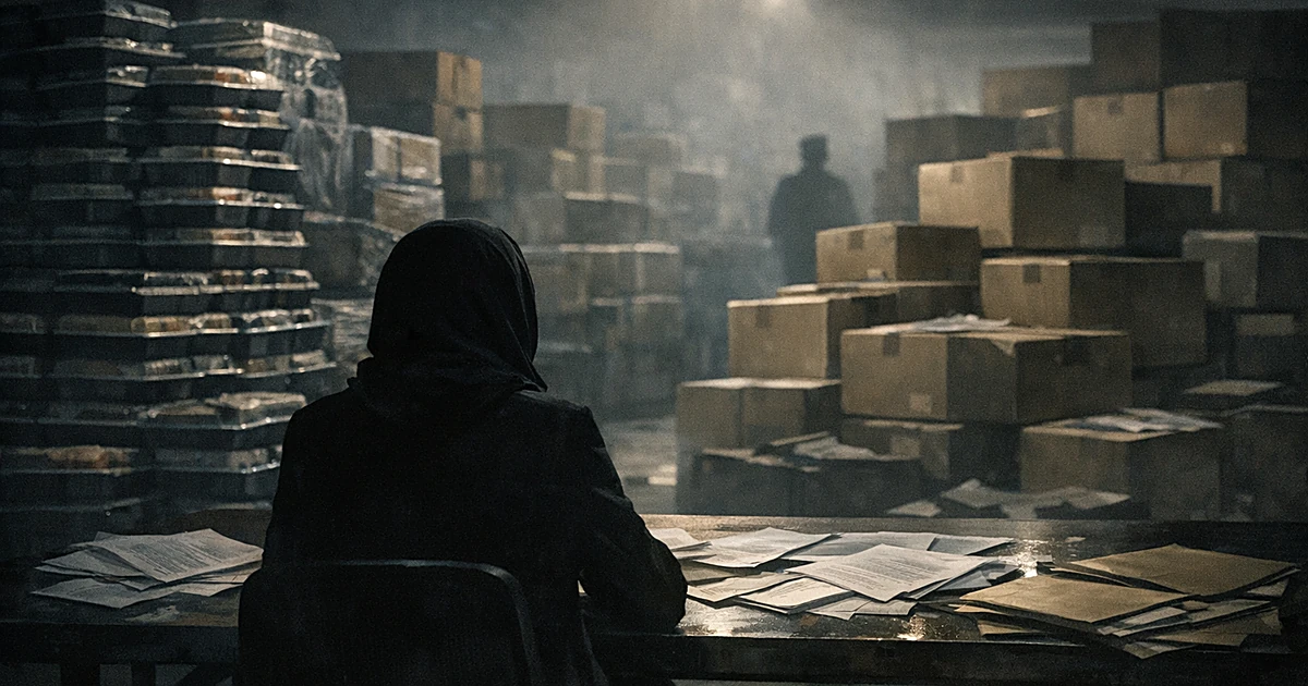 Silhouetted figure at table with meal containers and scattered documents in shadowy warehouse setting