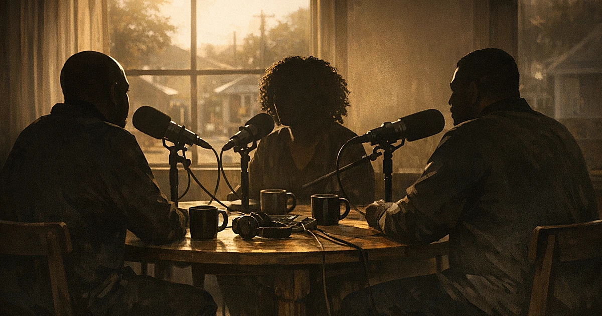 Three silhouetted figures in podcast recording setup with microphones, backlit by warm window light