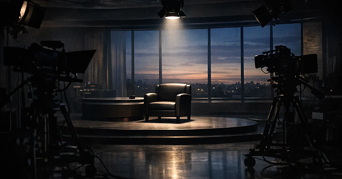 Empty television studio with vacant chair illuminated by single spotlight, cameras in shadows, dawn light through windows