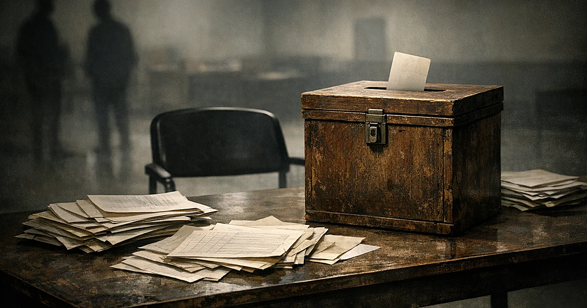 Empty chair behind ballot box with scattered petition papers on table in dimly lit room