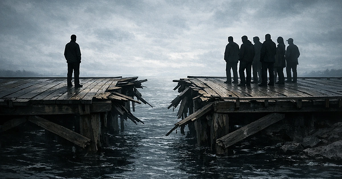 Silhouetted figure isolated on one side of broken bridge while group of silhouettes stands on opposite side