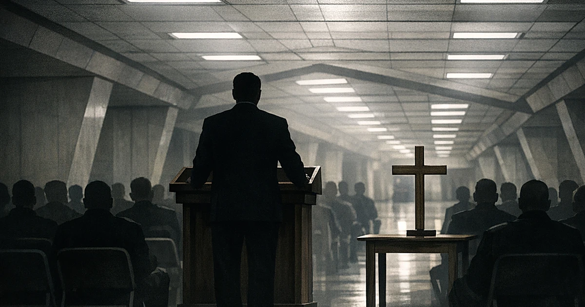 Silhouetted preacher at podium addressing seated figures in Pentagon corridor with cross on table