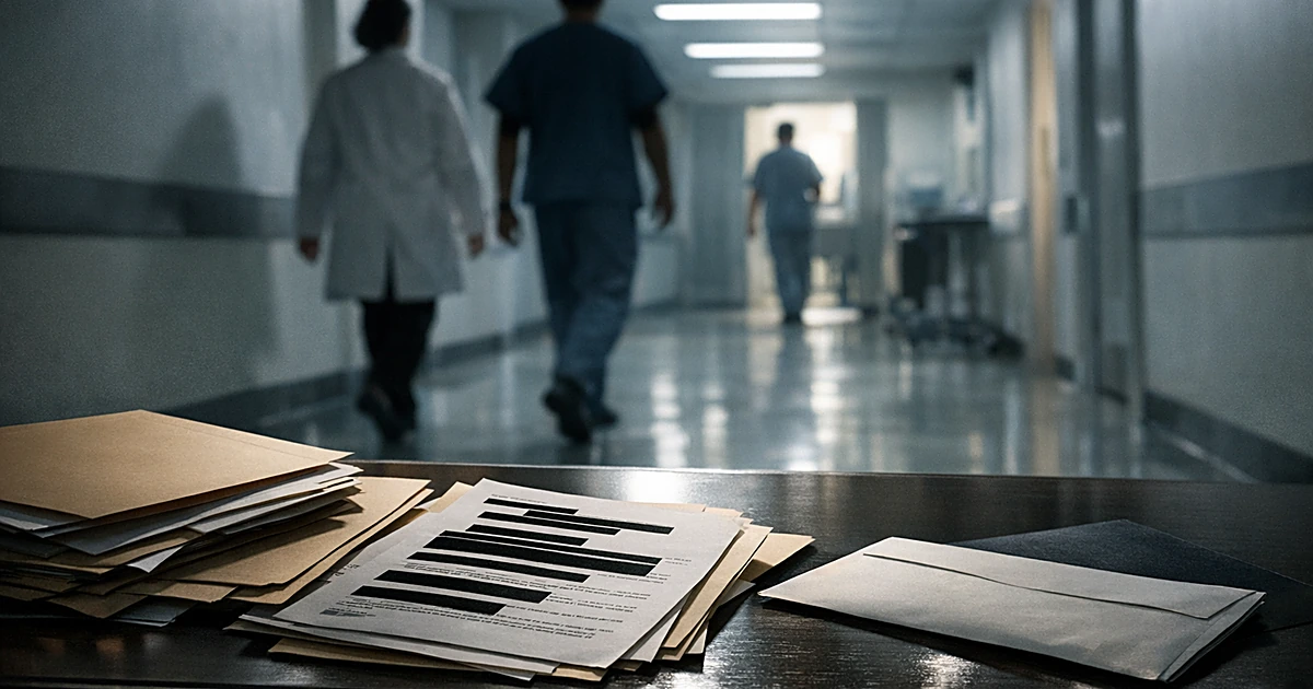 Hospital corridor with silhouetted medical staff and official documents with redacted sections on desk in foreground