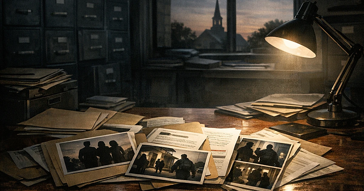 Government office with files and photographs on desk, church steeple silhouette visible through window