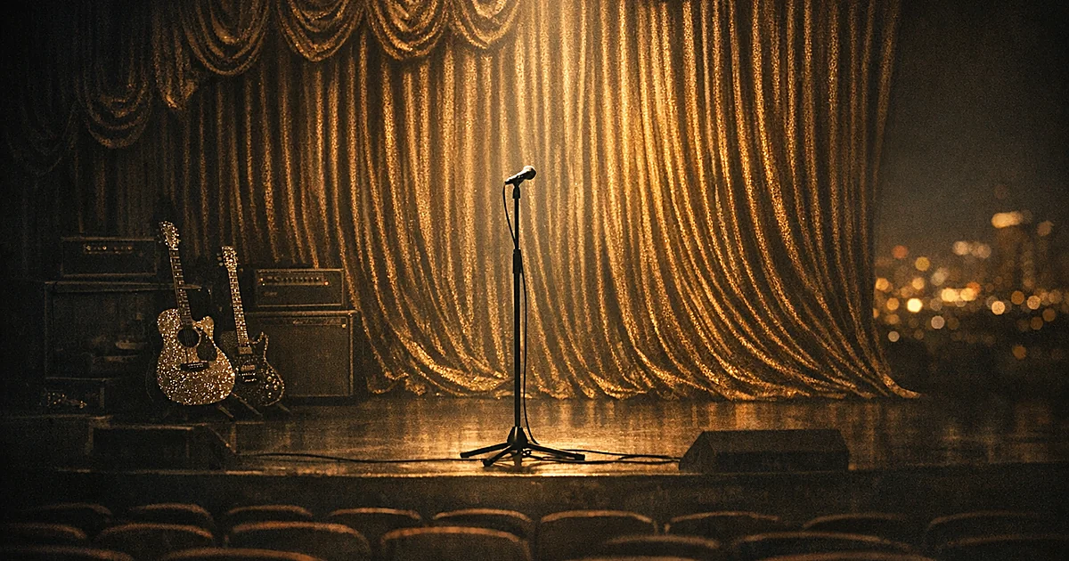 Empty microphone stand on dark Las Vegas stage with closed curtains and rhinestone guitars in shadows