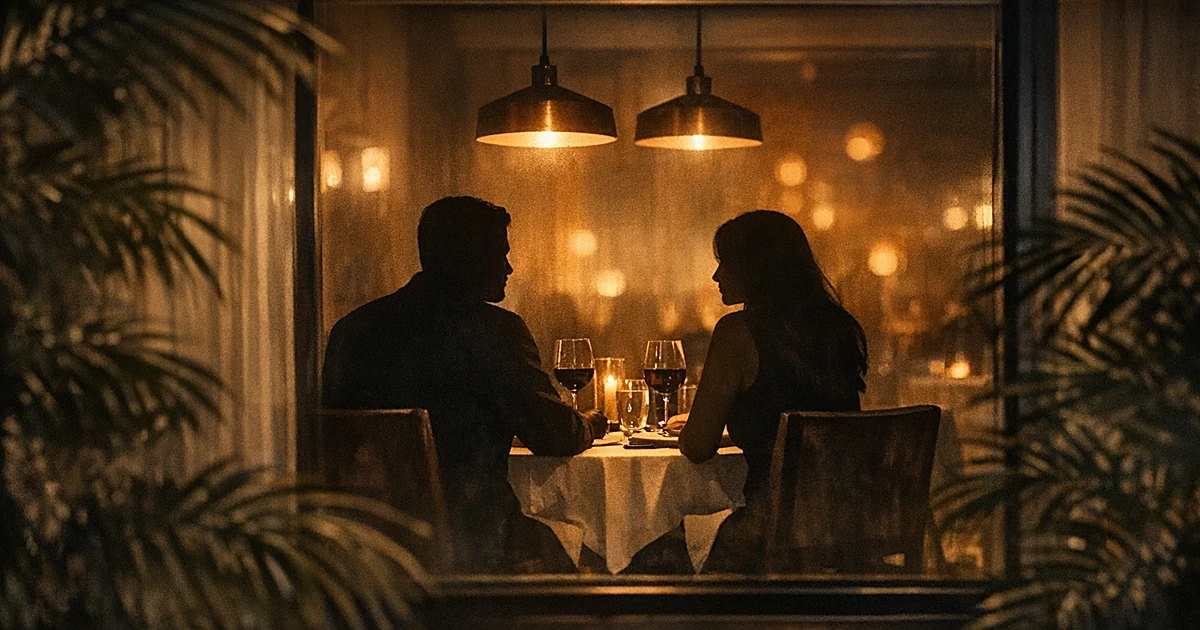Silhouettes of couple dining at restaurant table viewed through window with palm trees in foreground
