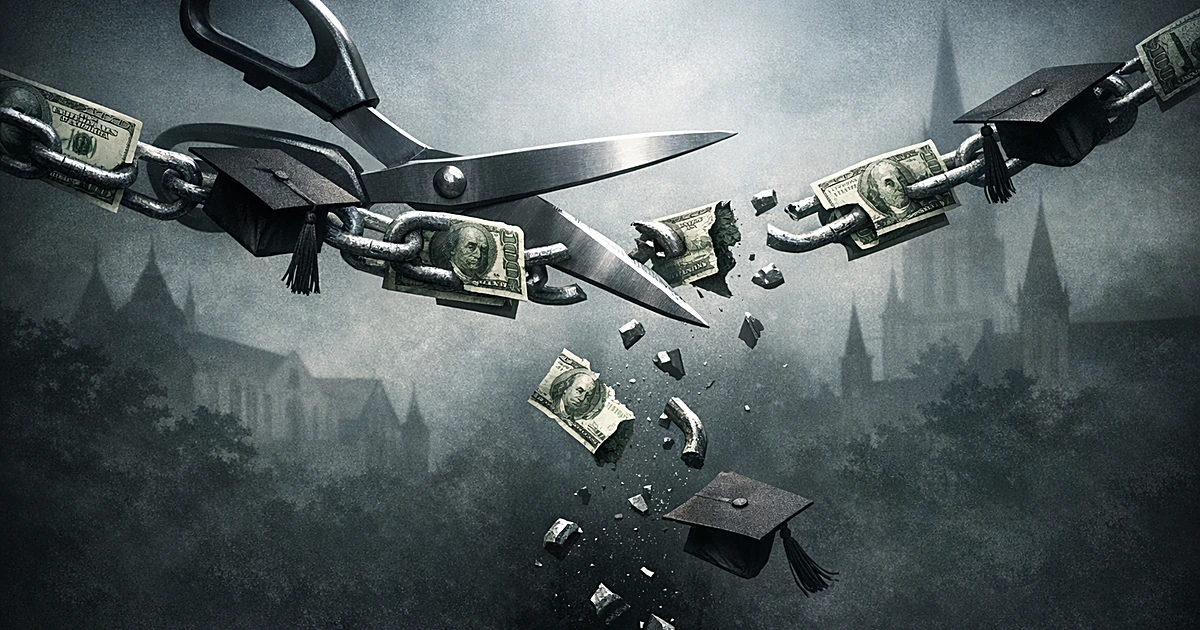 Scissors cutting through a chain of dollar bills and graduation caps, symbolizing cuts to graduate student loan programs