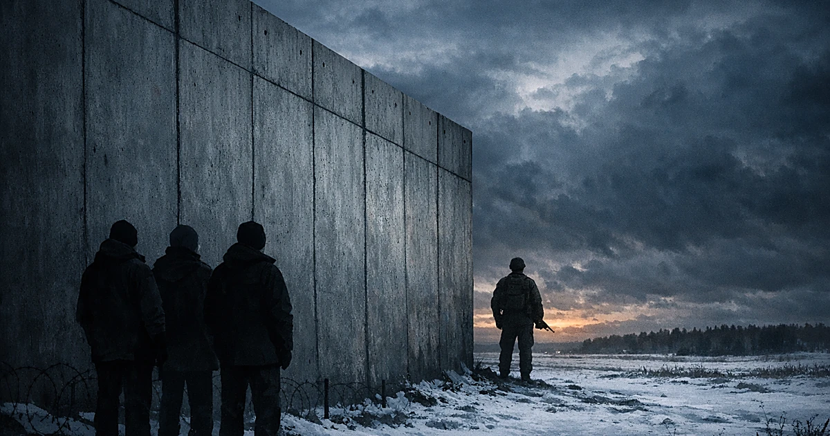 Silhouetted figures at border fortification wall facing opposite directions under stormy sky