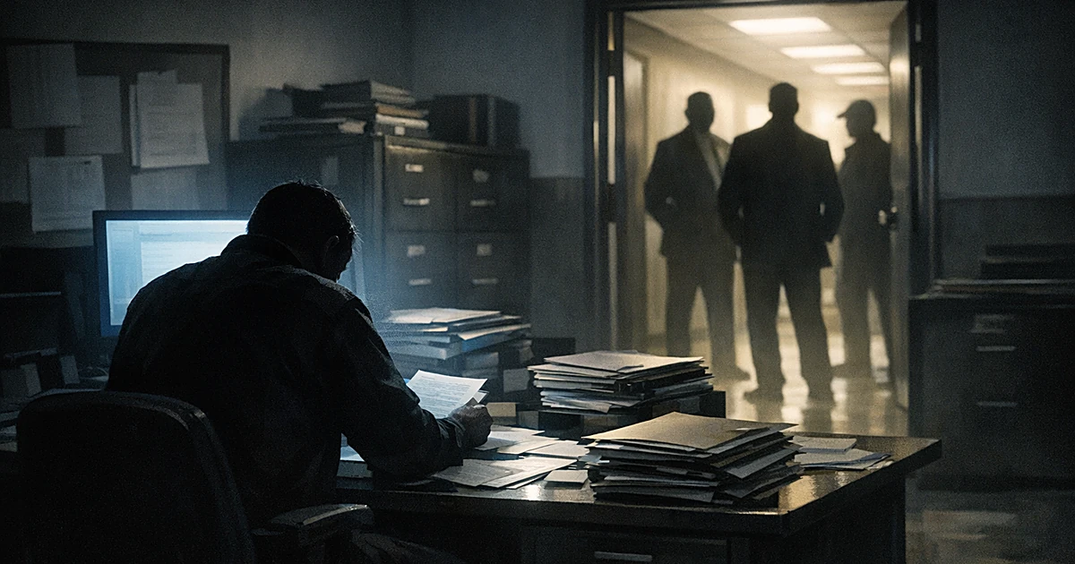 Silhouetted investigator at desk with documents while shadowy officials stand in lit doorway behind